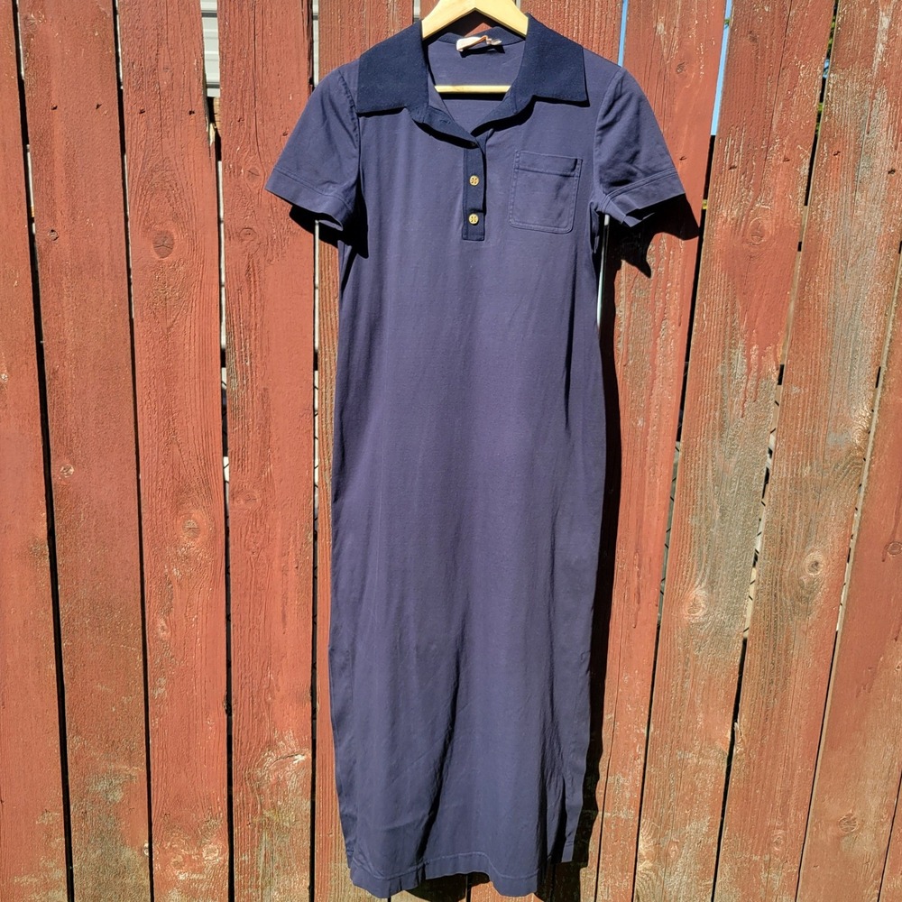 Tory Burch Navy Blue Cotton Polo Maxi Dress Short Sleeve Gold Buttons S Preppy